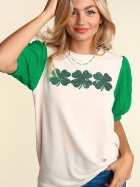 Haptics Cream Tee with Green Sequin Shamrocks and Green Puff Sleeves